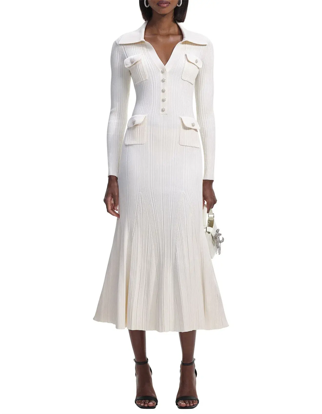 Self Portrait Ribbed Knit Midi Dress Cream Size 8  - Image 1