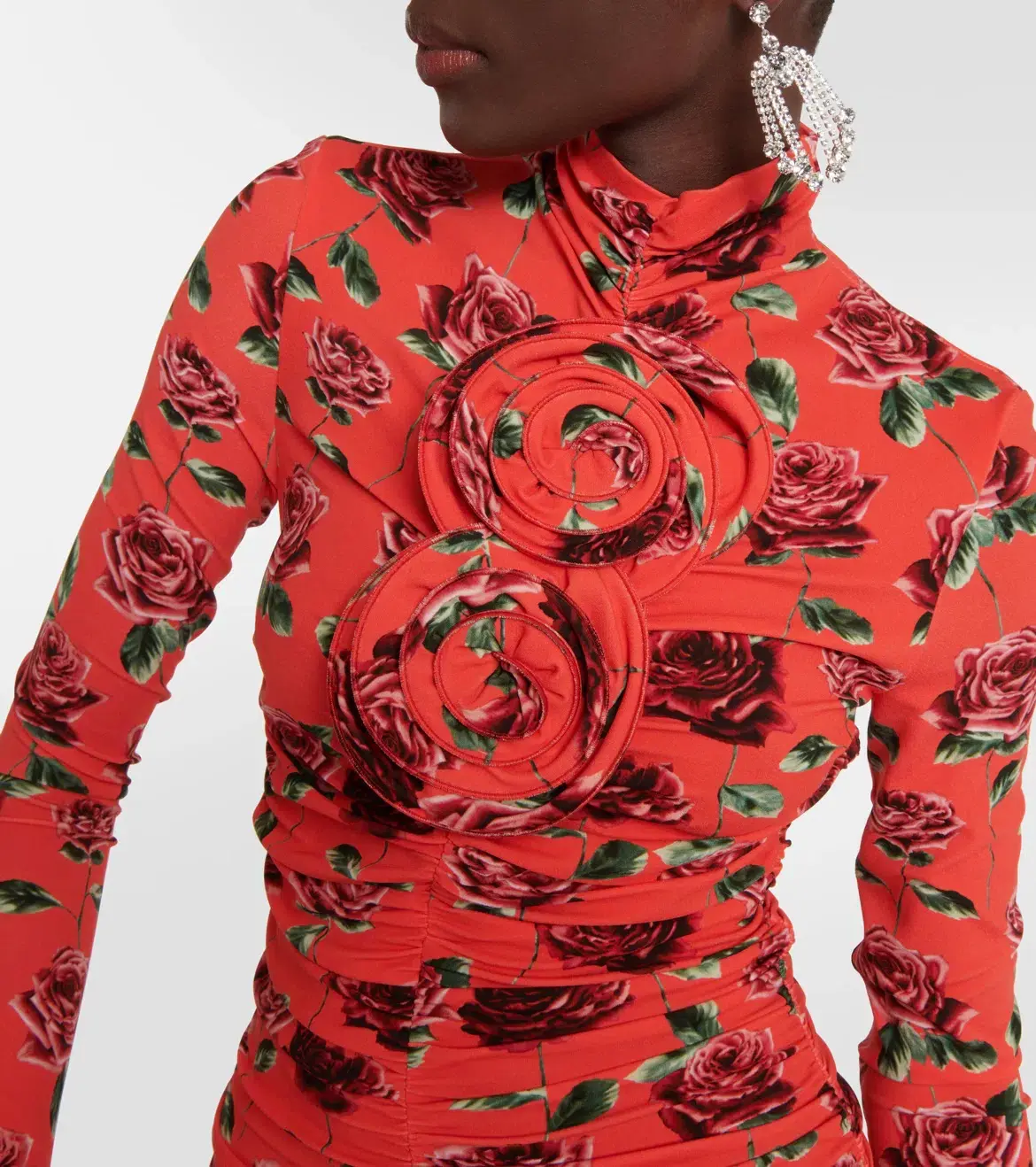 Magda Butrym High Neck Long Sleeve Ruched Mini Dress Red Orange Floral Size FR 36 / AU 8 - Image 5