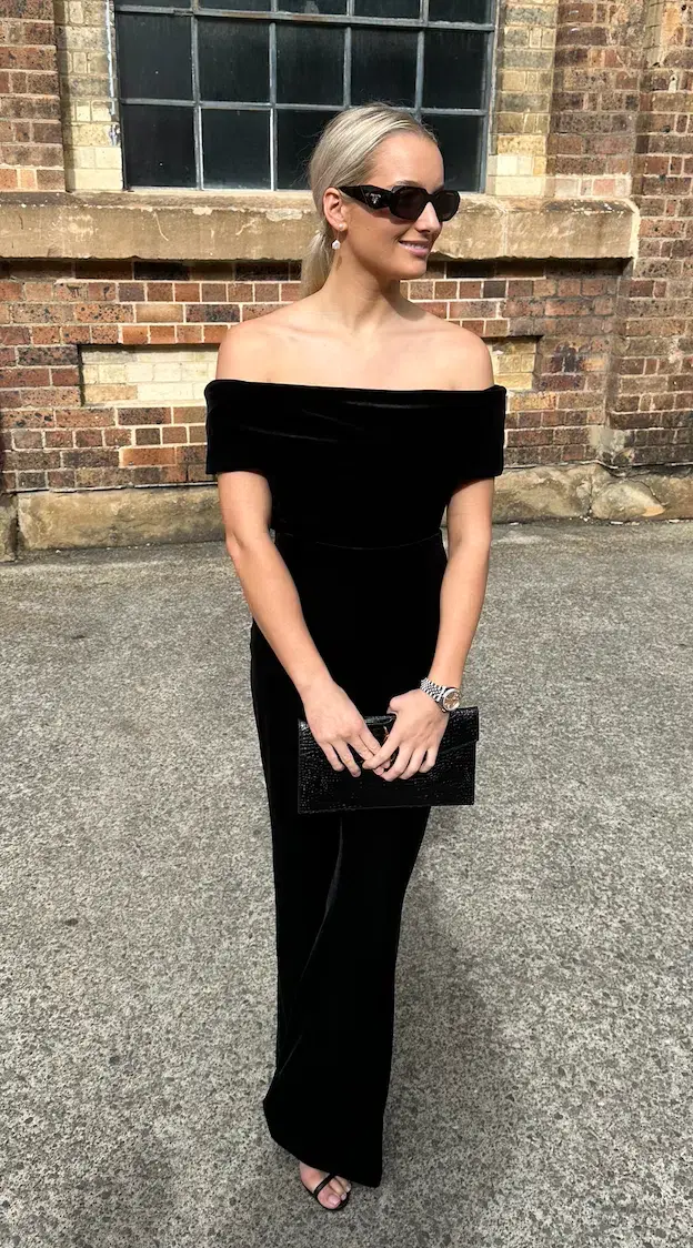 Carla Zampatti Off Shoulder Bodysuit Top and Velvet Pant Black Size 6 - Image 5