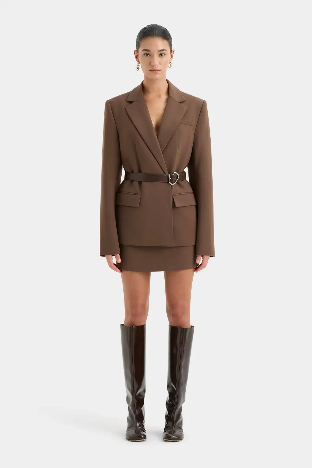 Sir the Label Bromley Tailored Blazer, Mini Skirt and Bodice Set Chocolate Size AU 8 for rent on The Volte - main image