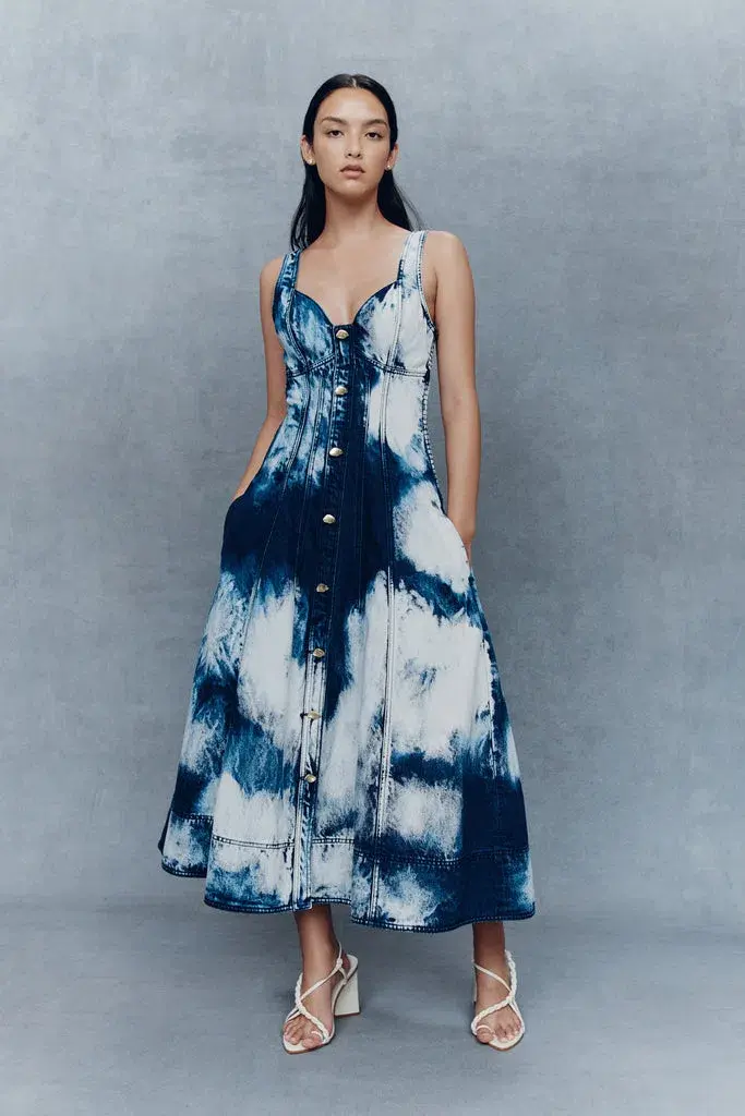 Aje Enigma Denim Midi Dress Tie Dye Indigo  Size 8  - Image 1
