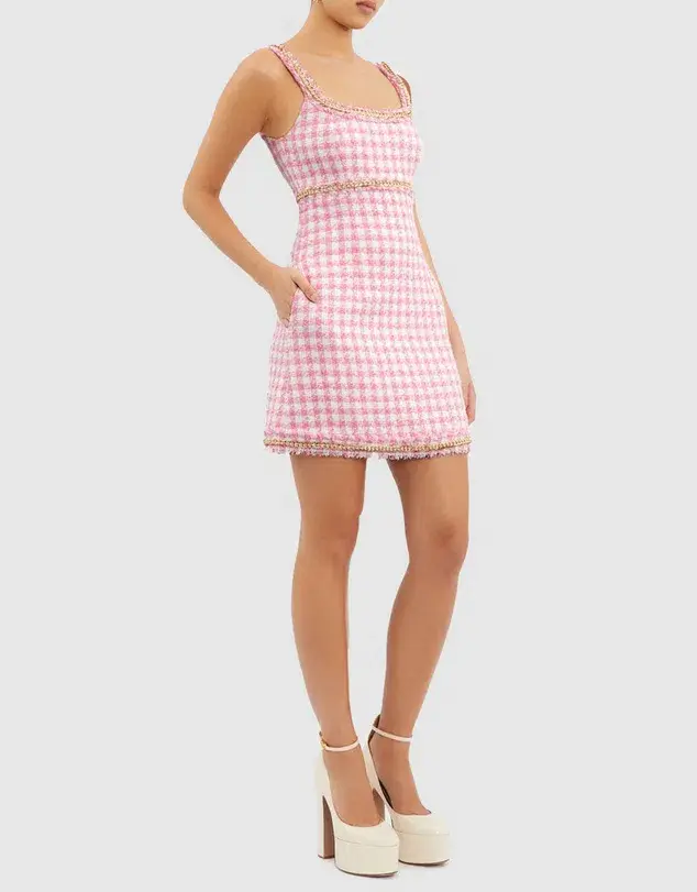 Rebecca Vallance Gabrielle Scoop Mini Dress Pink Check Size 14 - Image 3