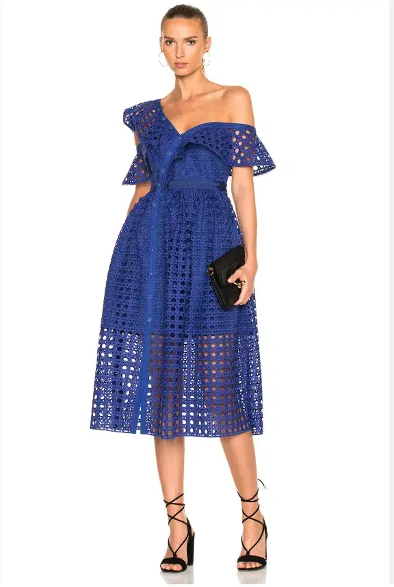 Self Portrait Guipure One Shoulder Lace Dress Cobalt Blue Size 8 - Image 1