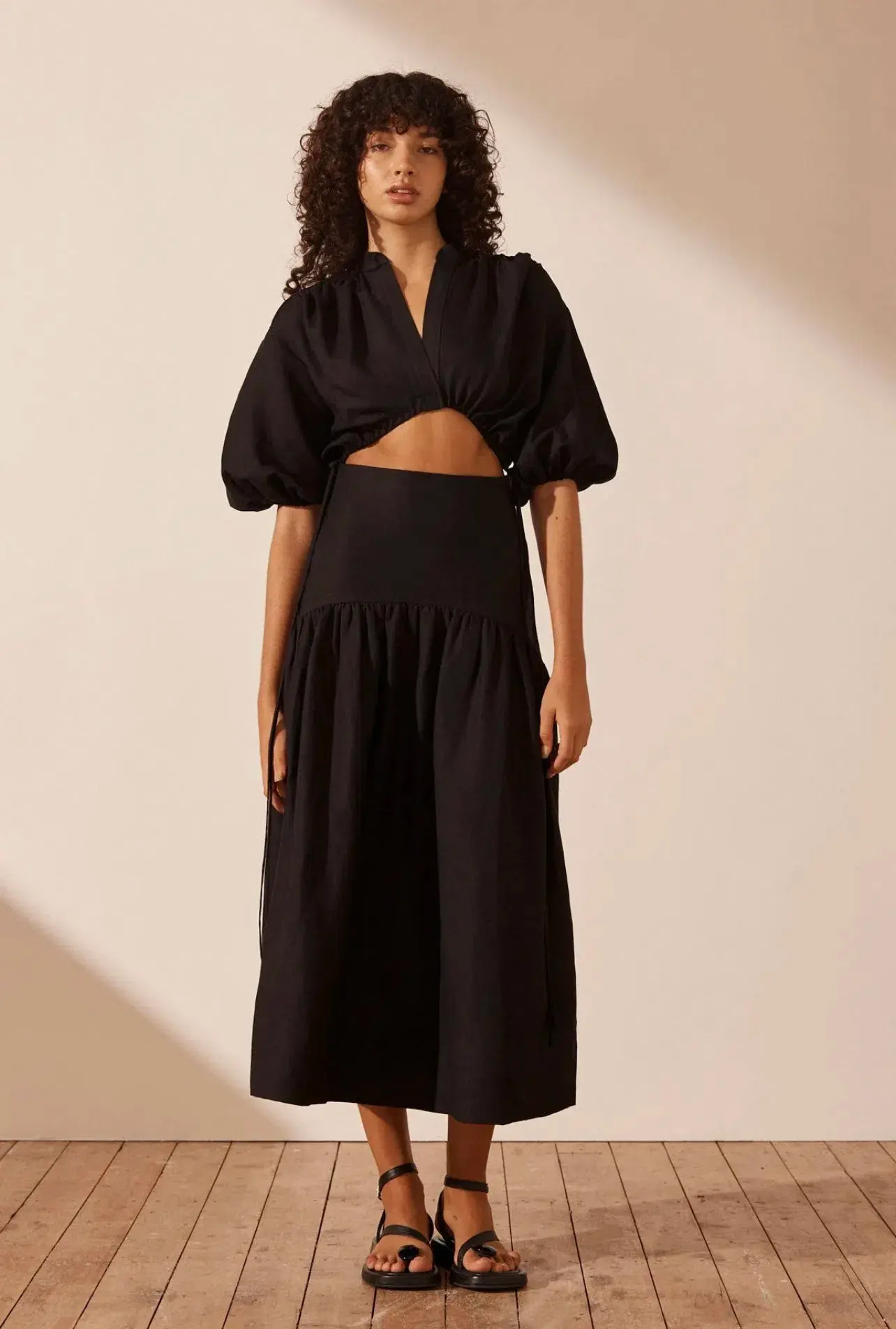 Shona Joy Mare Linen Deconstructed Midi Dress Black Size 12  - Image 1