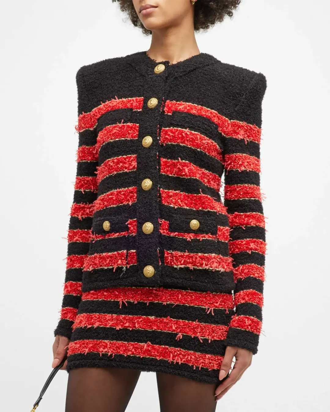 Balmain Collarless 4-Pocket Metallic Striped Tweed Jacket Multi Size 8 for rent on The Volte - main image
