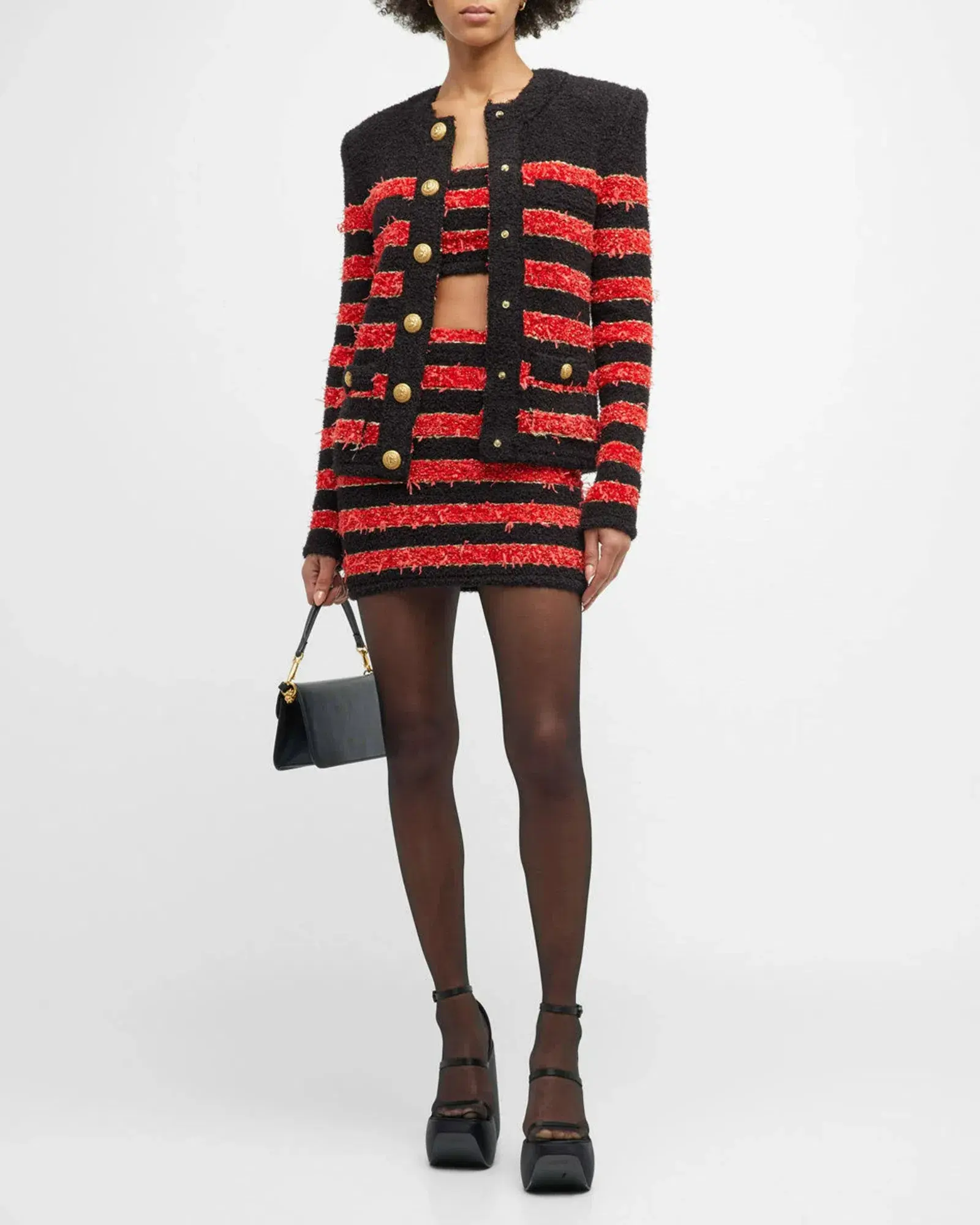 Balmain Collarless 4-Pocket Metallic Striped Tweed Jacket Multi Size 8 - Image 1