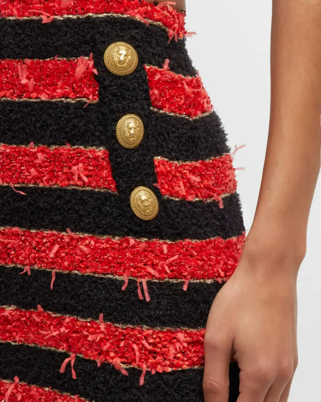 Balmain Button-embellished Striped Metallic Bouclé Mini Skirt In Red Size AU 8 for rent on The Volte - main image