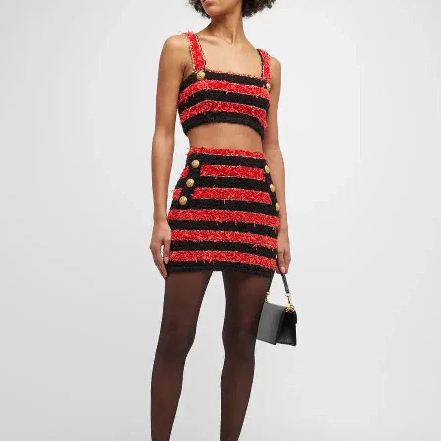 Balmain Button-embellished Striped Metallic Bouclé Mini Skirt In Red Size AU 8 - Image 1