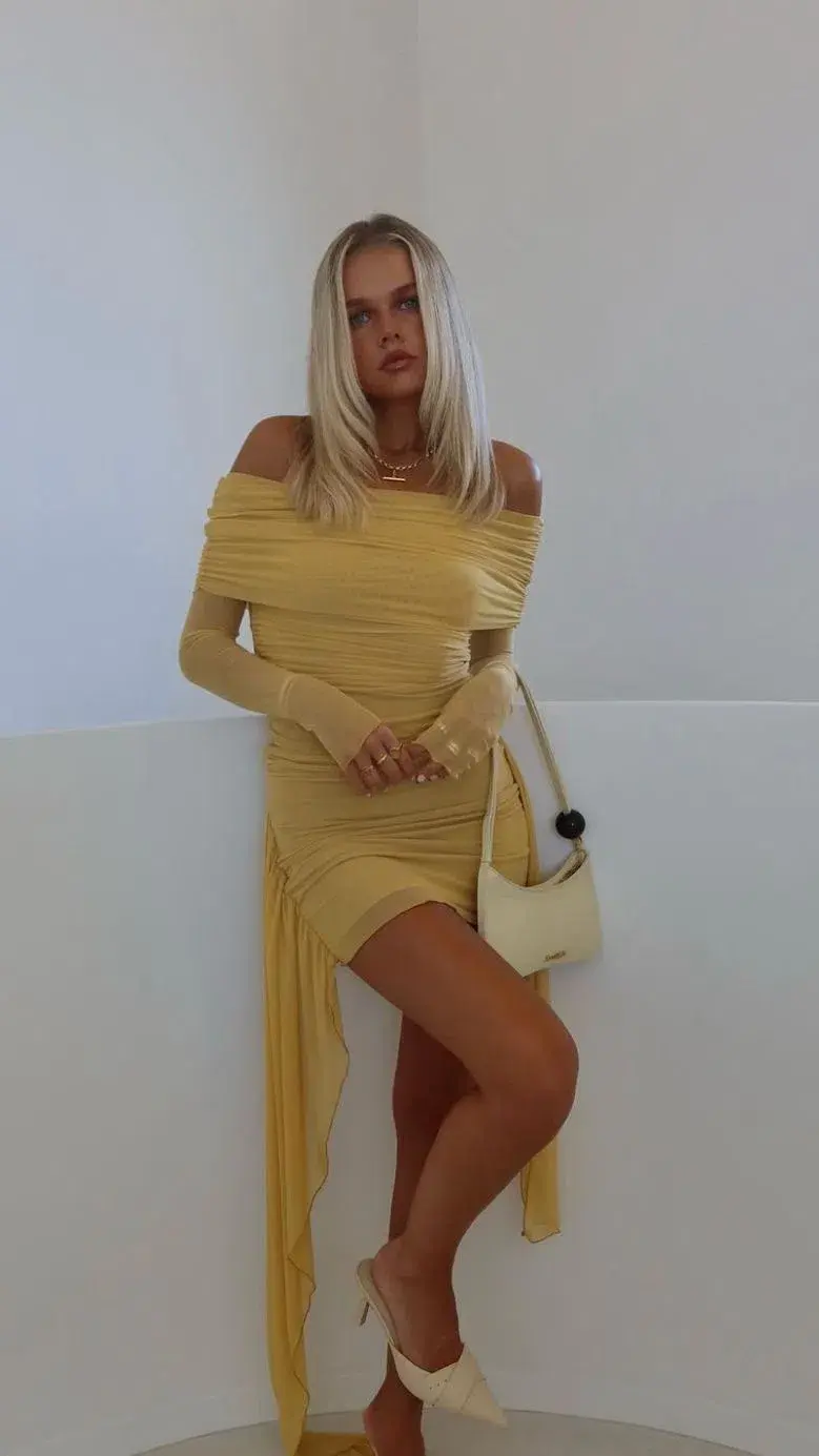 BENNI Yasmin Mini Dress Mustard Size AU 8 for rent on The Volte - main image