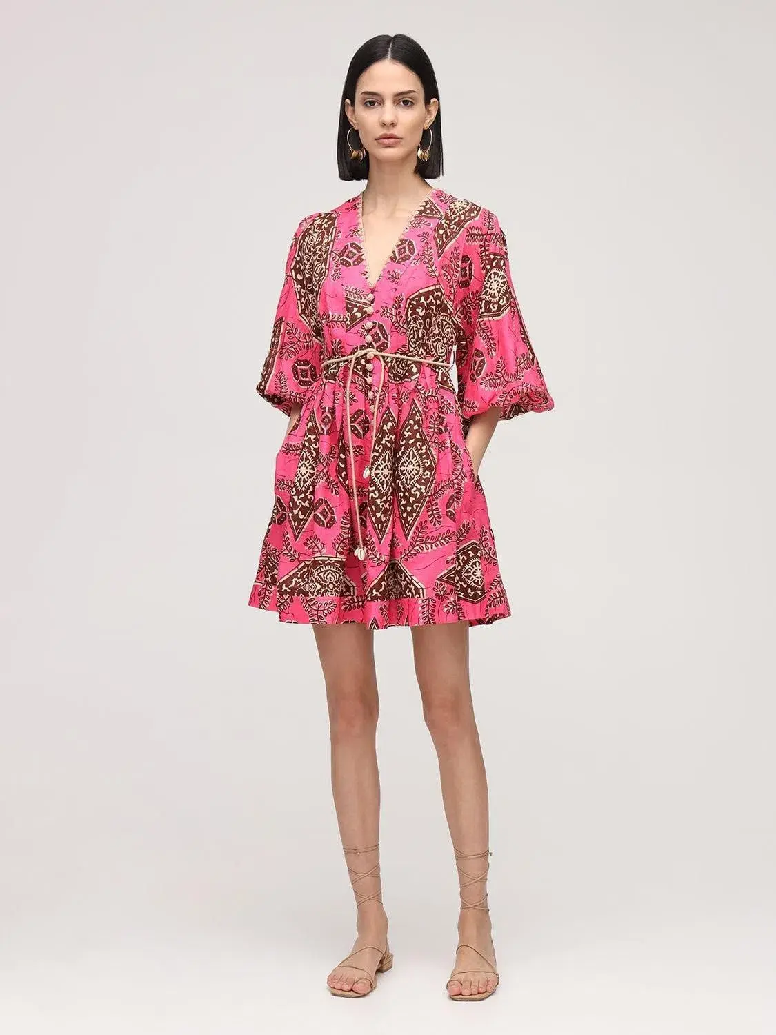 Zimmermann Lulu Plunge Printed Mini Dress in Pink Size 0P/ AU 6 - Image 1