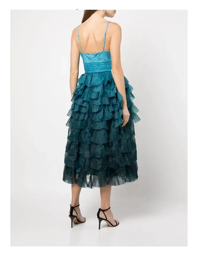 Marchesa Notte Gradient Ruffled Midi Dress Blue Size 8 - Image 3