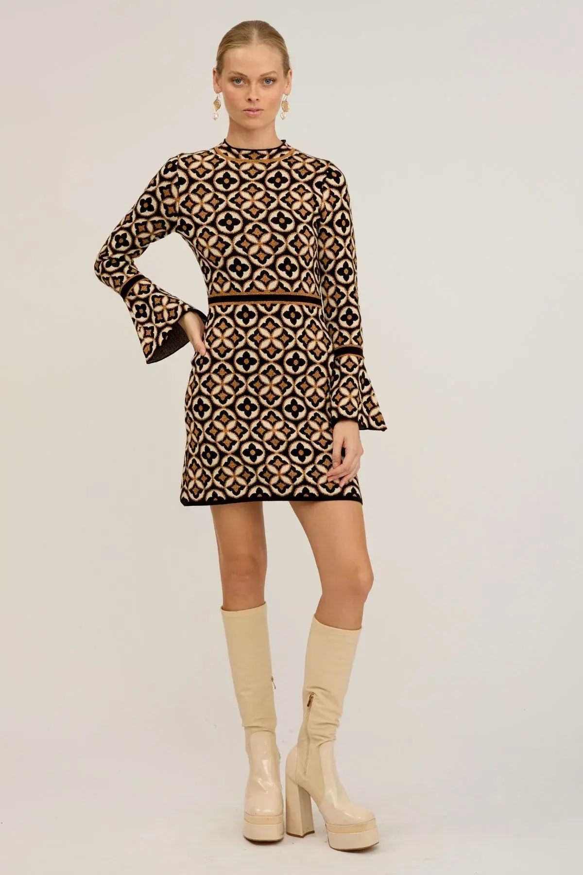 Nine Lives Bazaar Mitzy Knit Dress Deco Mini Gold & Black Size M/L / AU 12 - Image 1