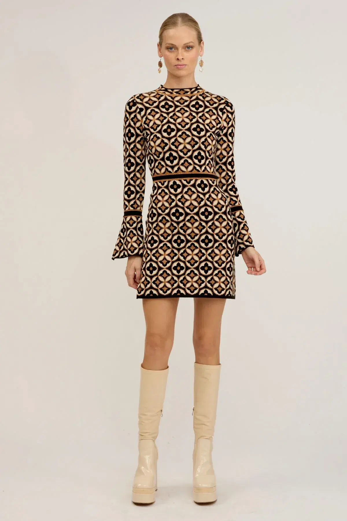 Nine Lives Bazaar Mitzy Knit Dress Deco Mini Gold & Black Size M/L / AU 14 - Image 1