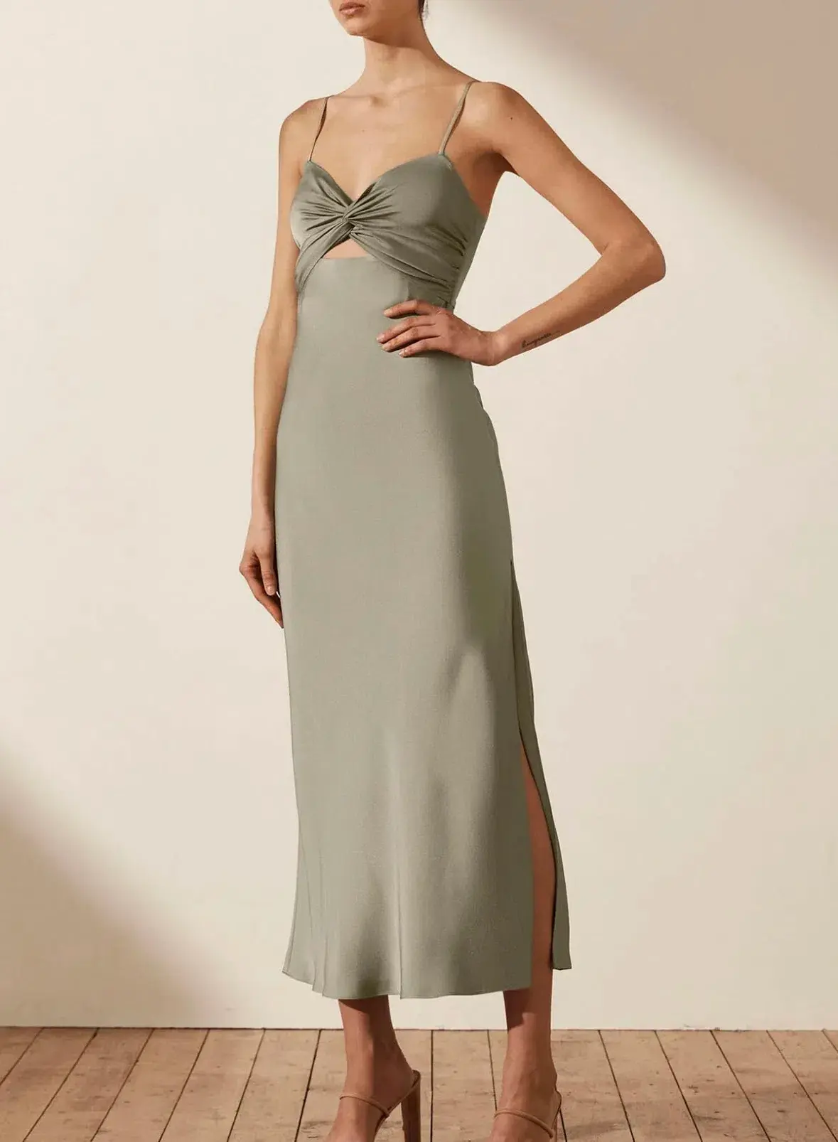 Shona Joy Luxe Twist Front Sleeveless Midi Dress Eucalyptus Size 12 - Image 4