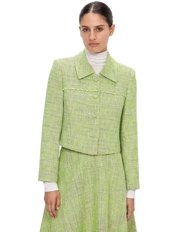 Veronika Maine Short Tweed Jacket Neon Lime Size 14 - Image 2