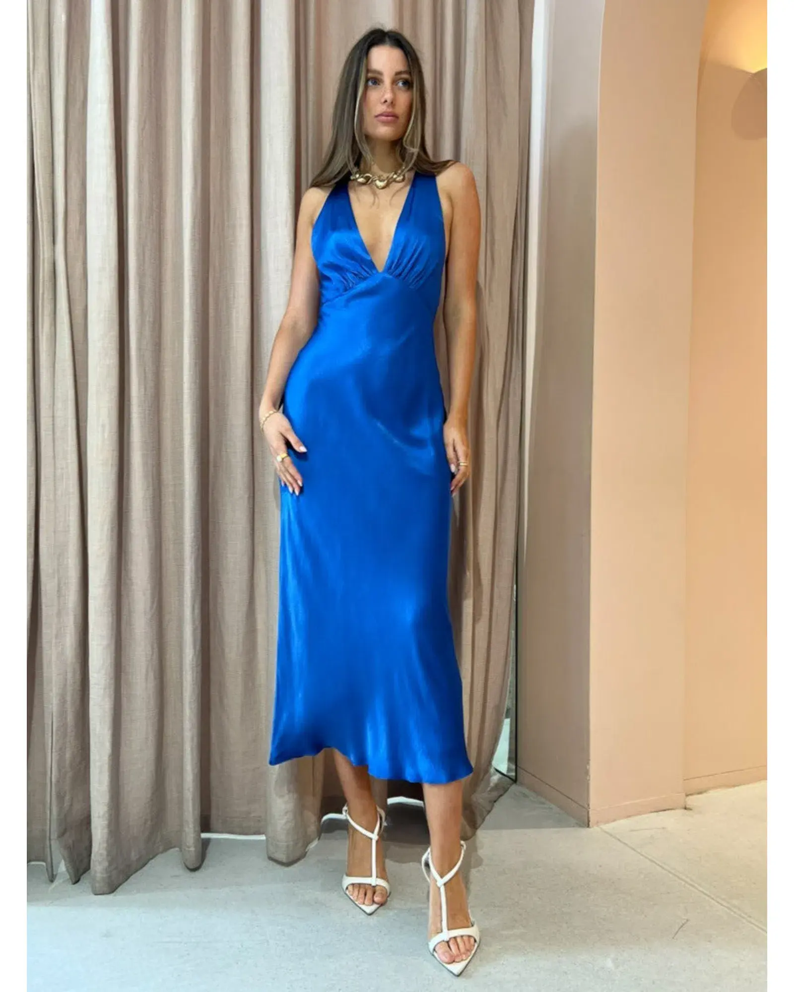 Shona Joy Oliviera Plunged Cross Back Midi Dress Blue Size AU 8 - Image 1