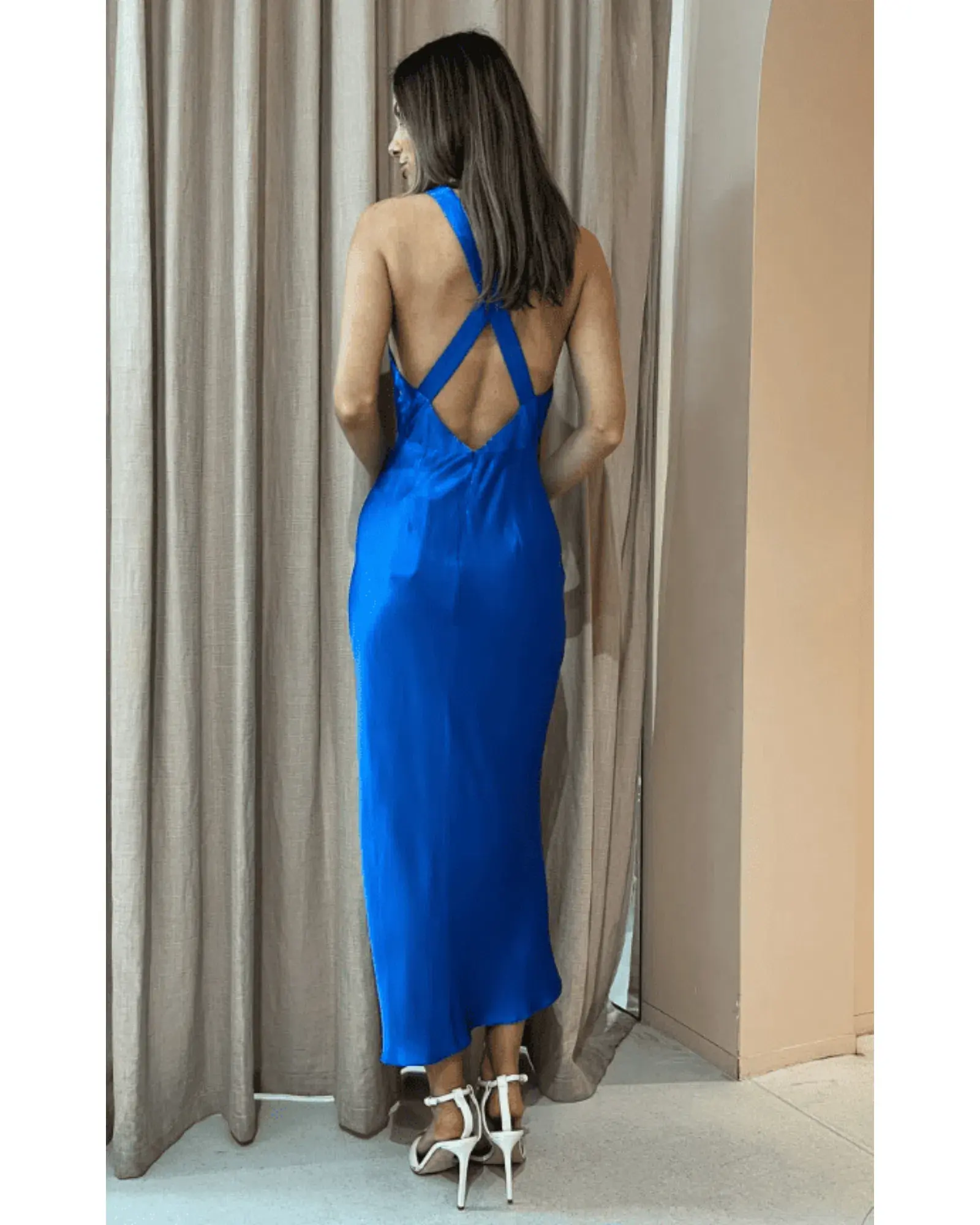 Shona Joy Oliviera Plunged Cross Back Midi Dress Blue Size AU 8 - Image 3