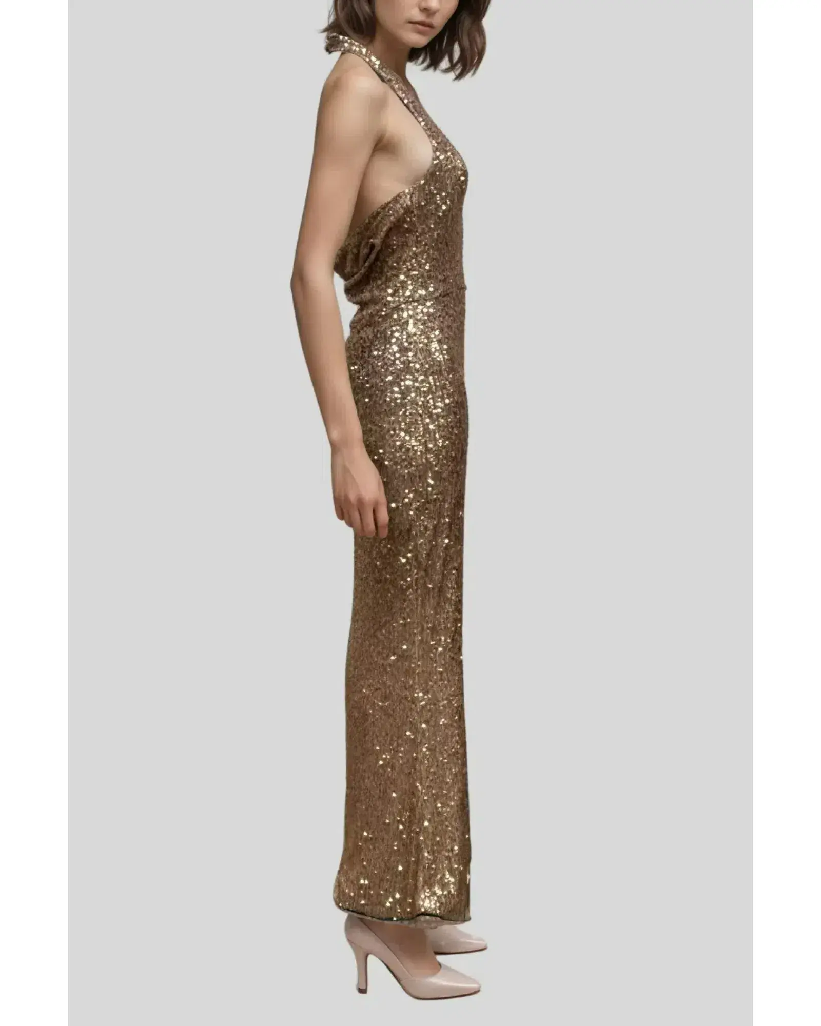 Love Nookie Cowl Back Halter Neck Dress in Gold Sequin Size AU 10 - Image 2