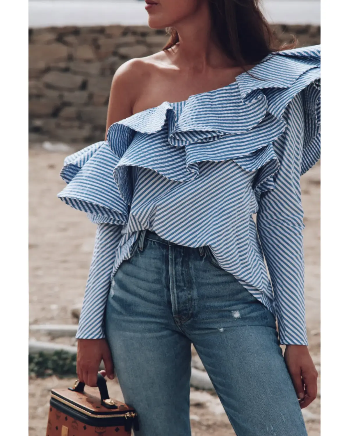 Johanna Ortiz Anastasia One Shoulder Top in Blue Stripe Size AU 8 - Image 1