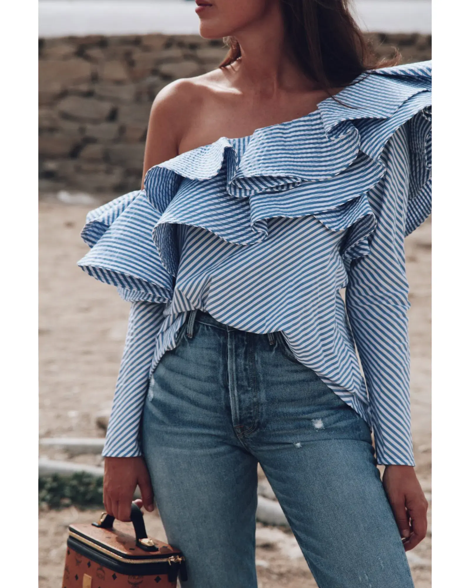 Johanna Ortiz Anastasia One Shoulder Top in Blue Stripe Size AU 8 - Image 1