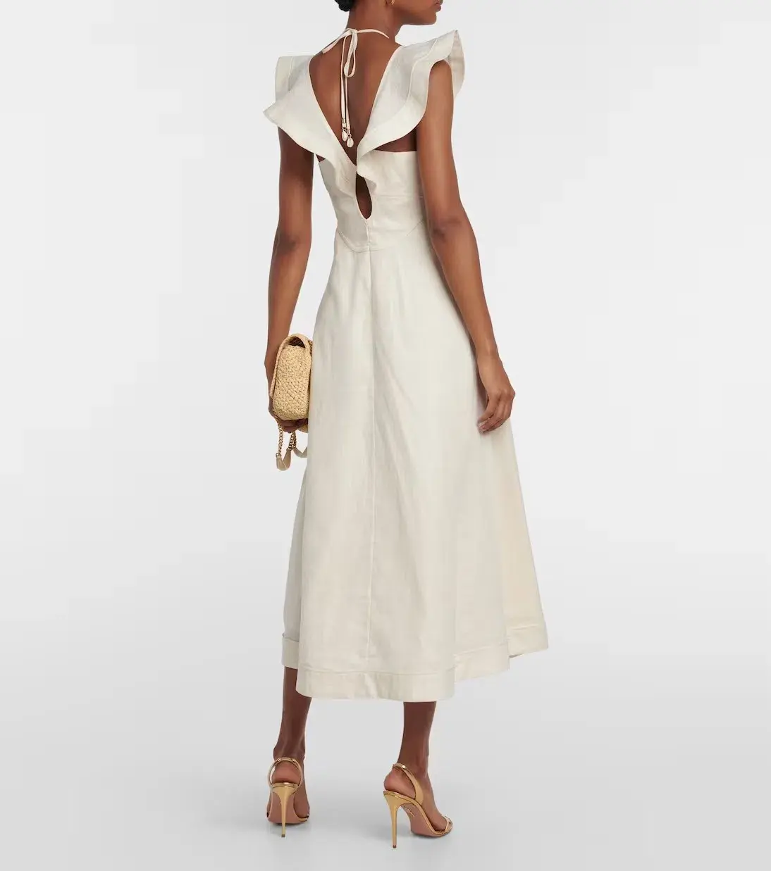 Zimmermann Halcyon Cutout Ruffled Shell Embellished Linen Midi Dress Cream Size 4/AU 16 - Image 2