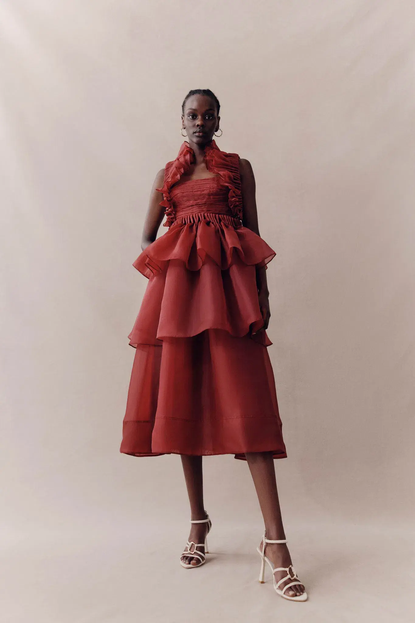 Aje Asra Pleated Frill Midi Dress Mahogany Size 14 - Image 1