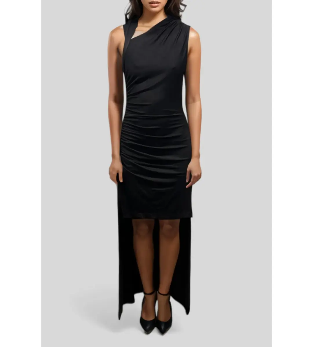 CUE Asymmetric Drape Dress in Black Size 10 for rent on The Volte - main image