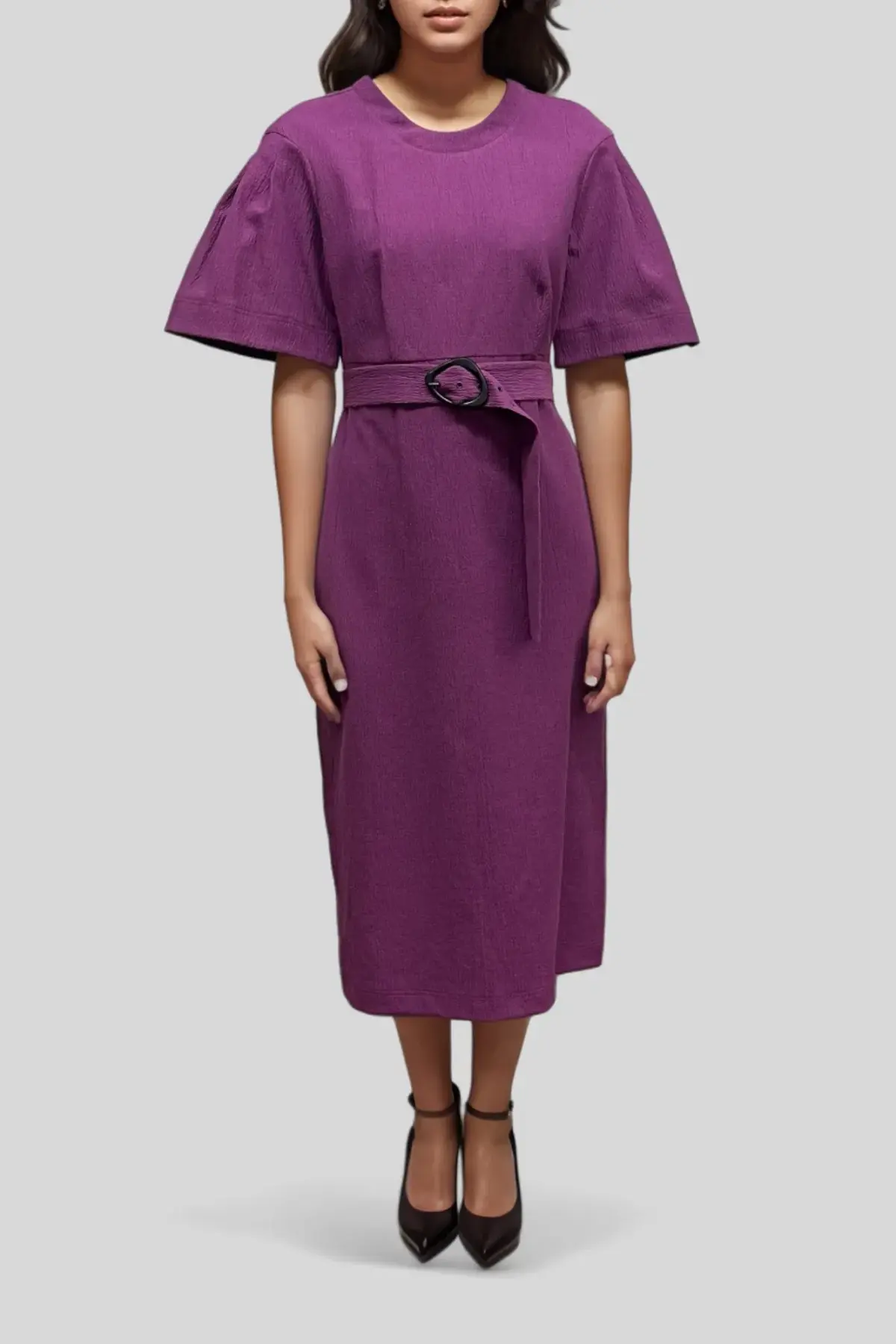 Veronika Maine Crinkle Cotton Belted Midi Dress in Plum Size 10 - Image 1