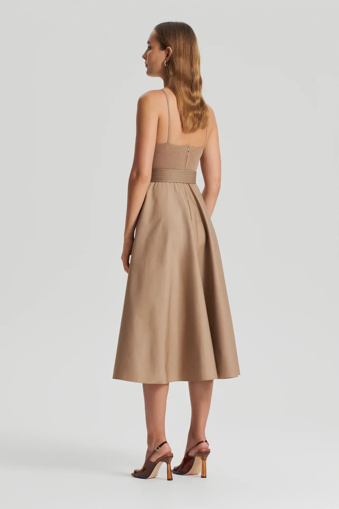 Scanlan Theodore Crepe Knit Camisole Midi Dress Camel Size 8 - Image 3