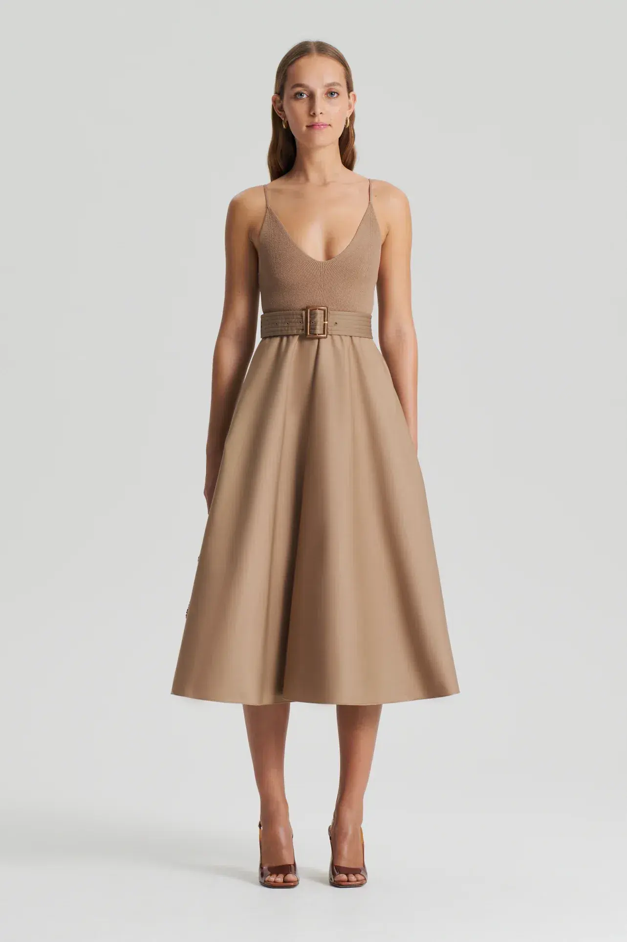 Scanlan Theodore Crepe Knit Camisole Midi Dress Camel Size 8 - Image 1