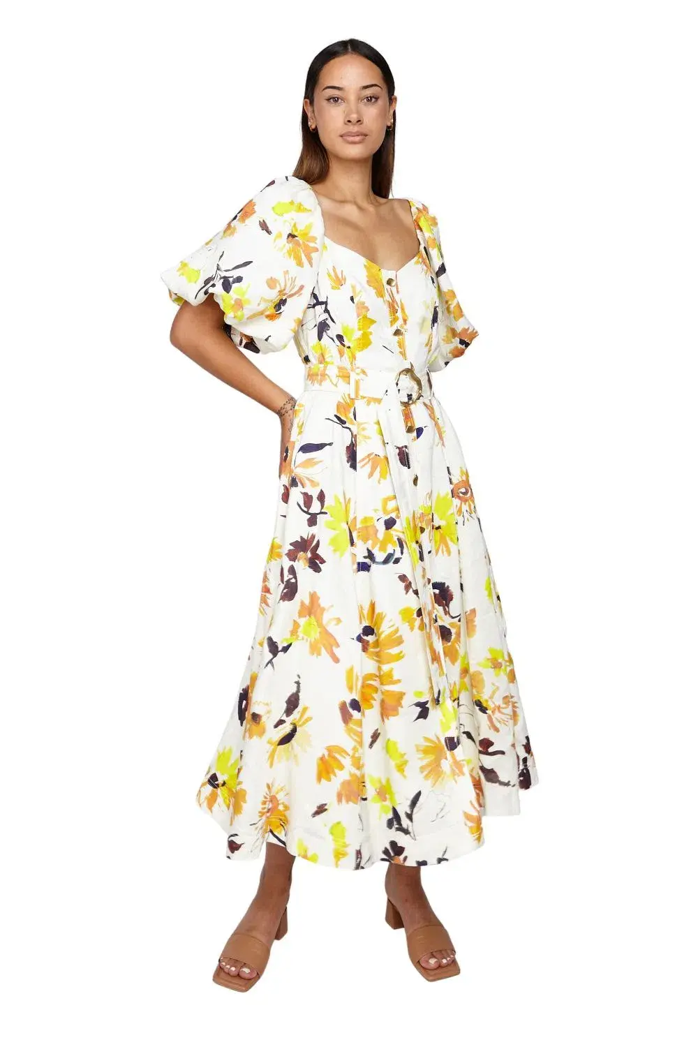 Aje Soleil Belted Midi Dress Pressed Sunflowers Size L / AU 12 - Image 5
