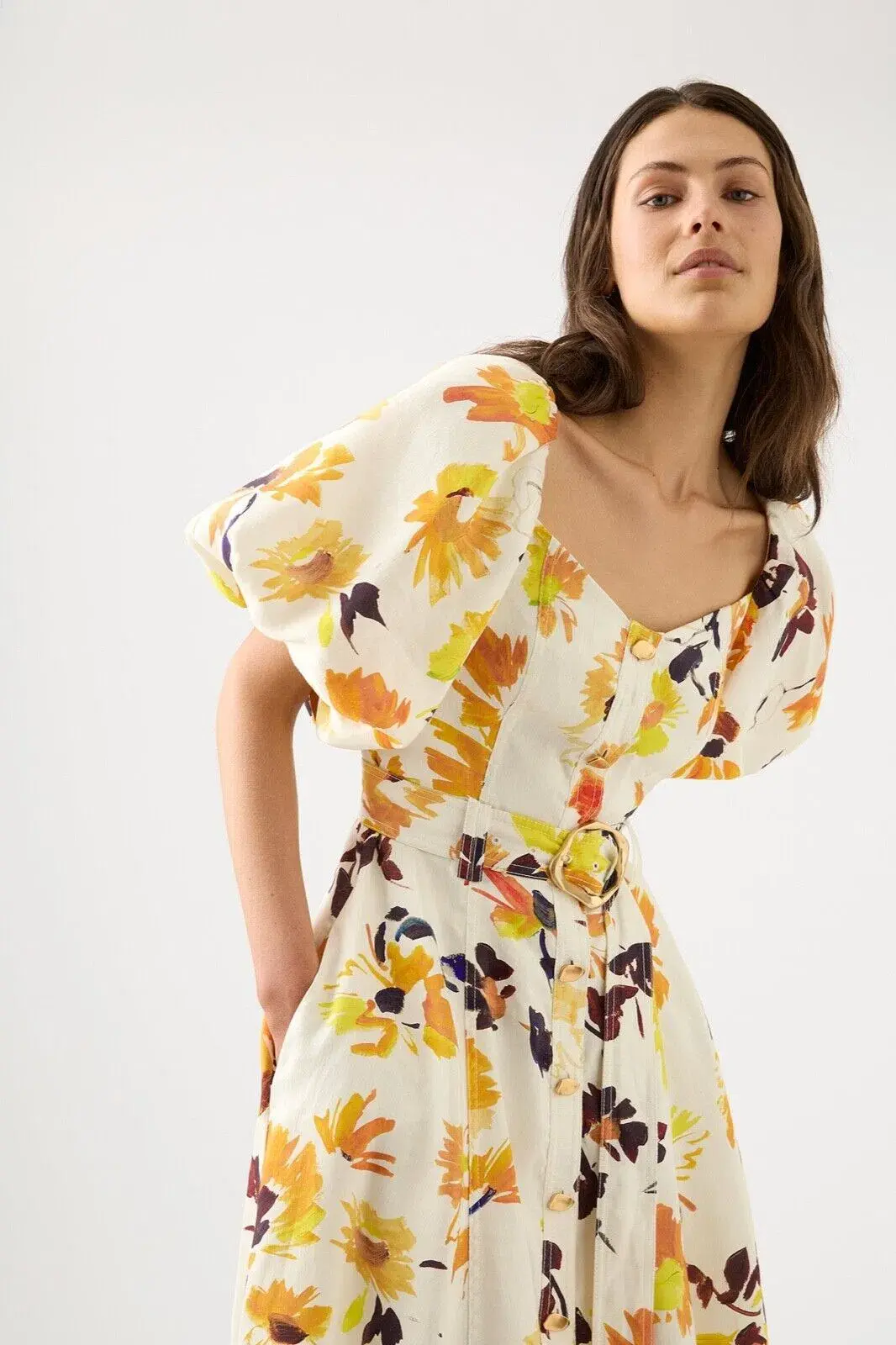 Aje Soleil Belted Midi Dress Pressed Sunflowers Size L / AU 12 - Image 2