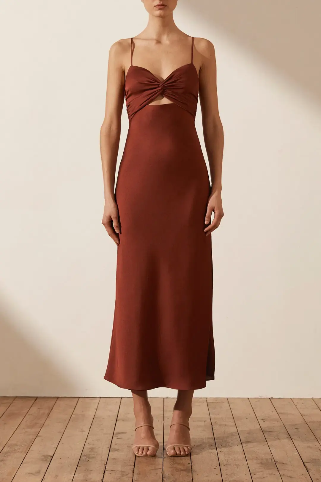 Shona Joy Luxe Twist Front Sleeveless Midi Dress Sangria Size 12 for rent on The Volte - main image