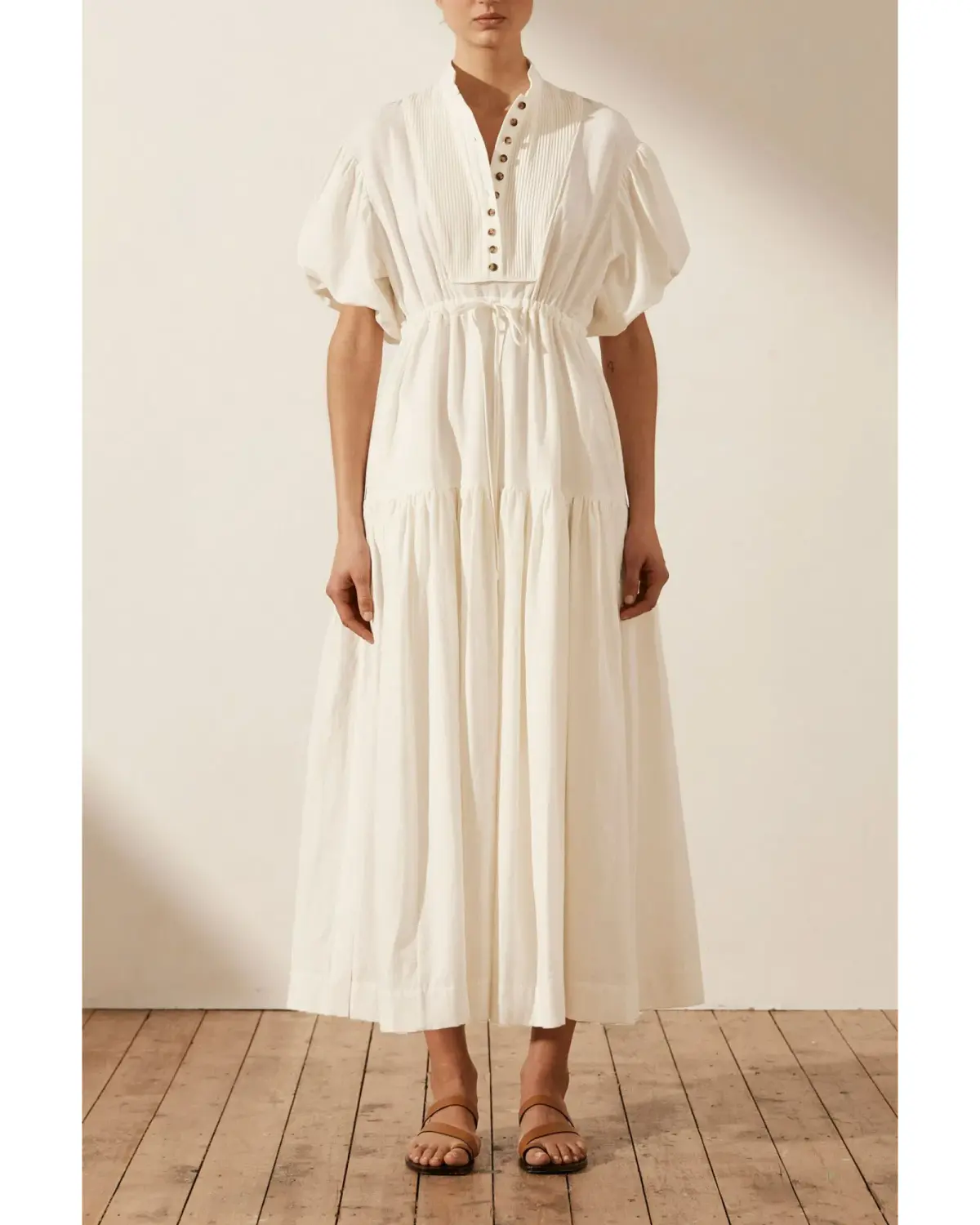 Shona Joy Priscilla Pin Tuck Short Sleeve Midi Dress White Size AU 6 - Image 1