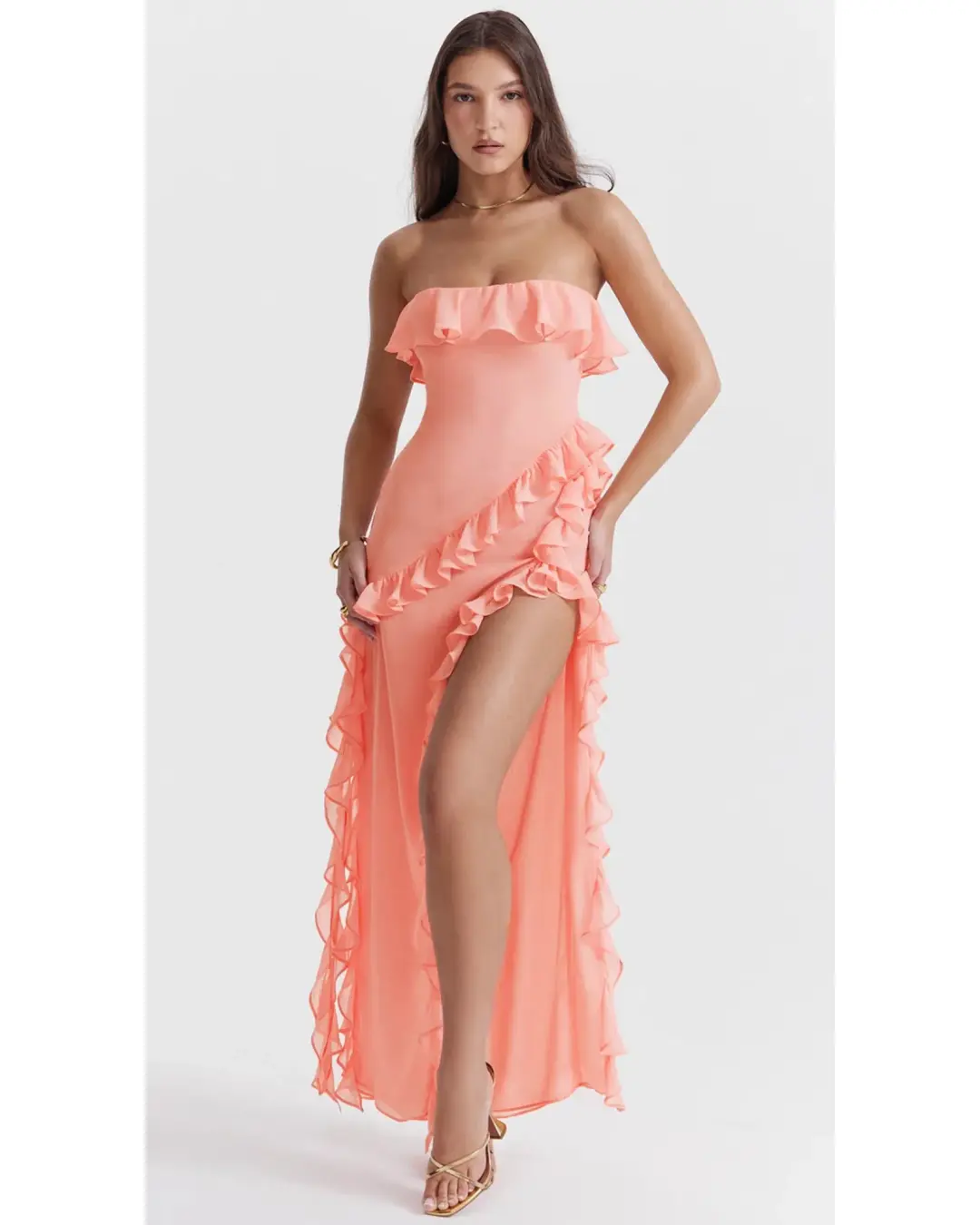 House Of CB Sarina Ruffle Maxi Dress Apricot Size AU 8 for rent on The Volte - main image