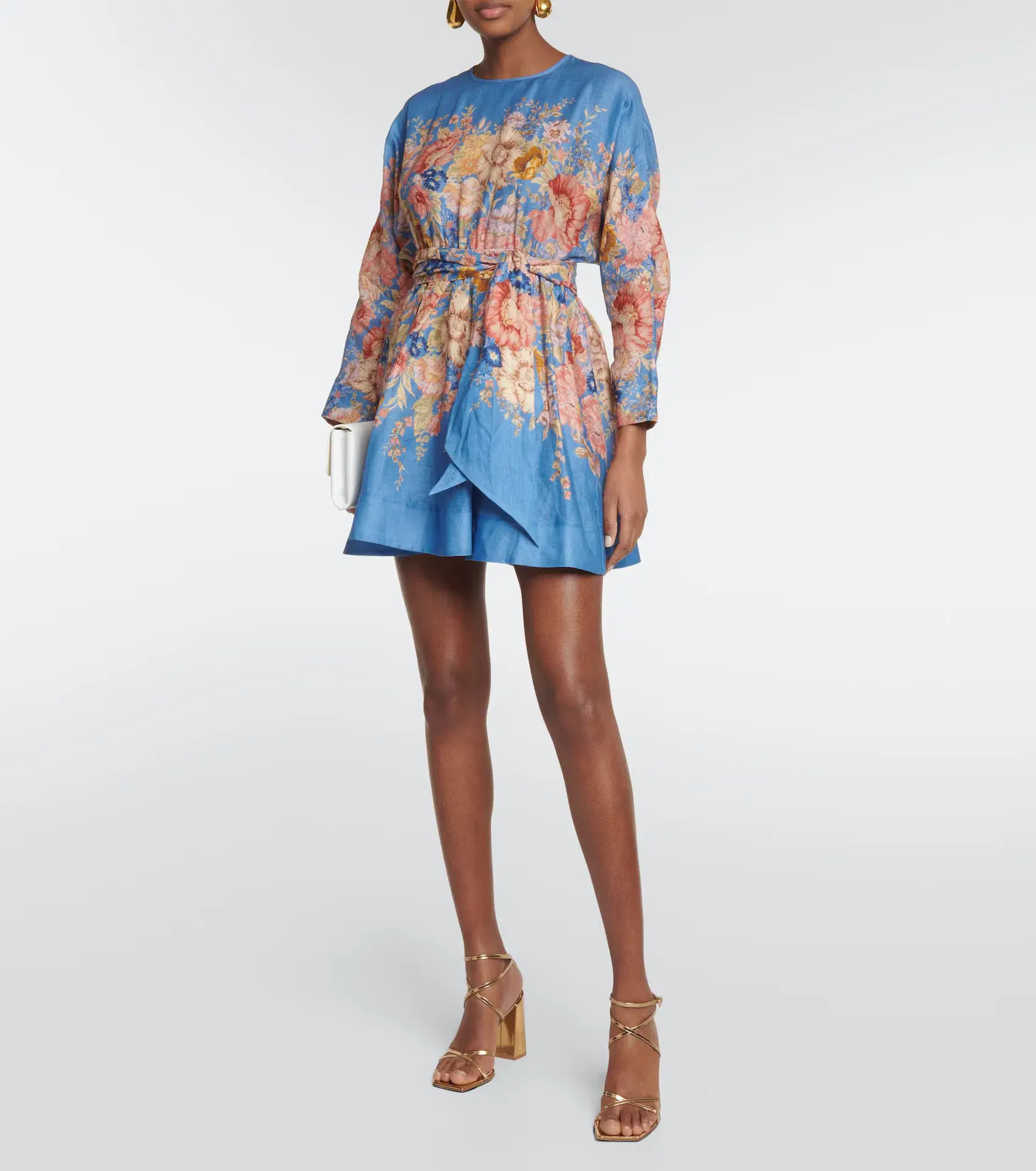 Zimmermann August Belted Long Sleeve Mini Dress Dusty Blue Floral Size 4 / AU 16 - Image 1
