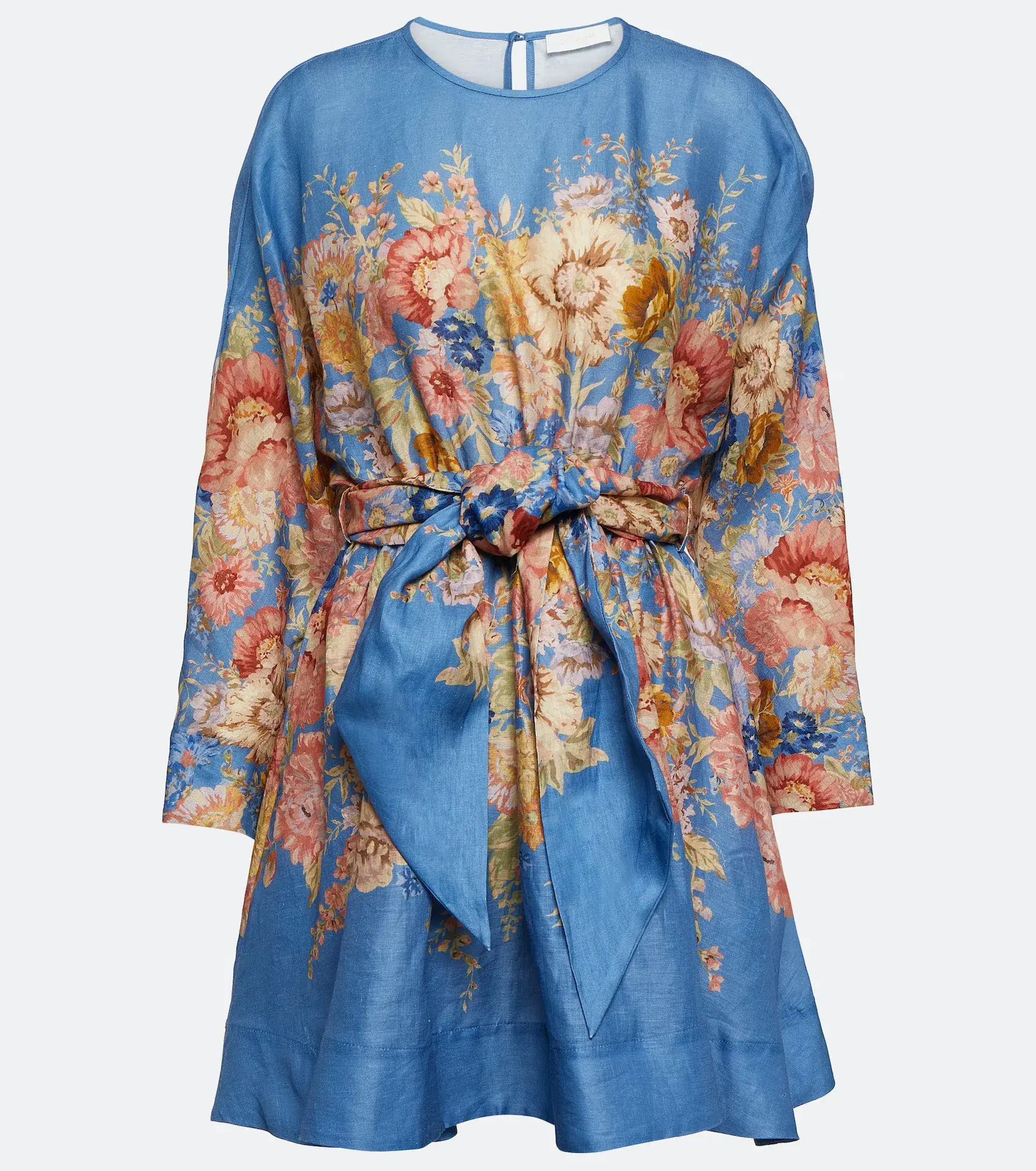 Zimmermann August Belted Long Sleeve Mini Dress Dusty Blue Floral Size 4 / AU 16 - Image 3
