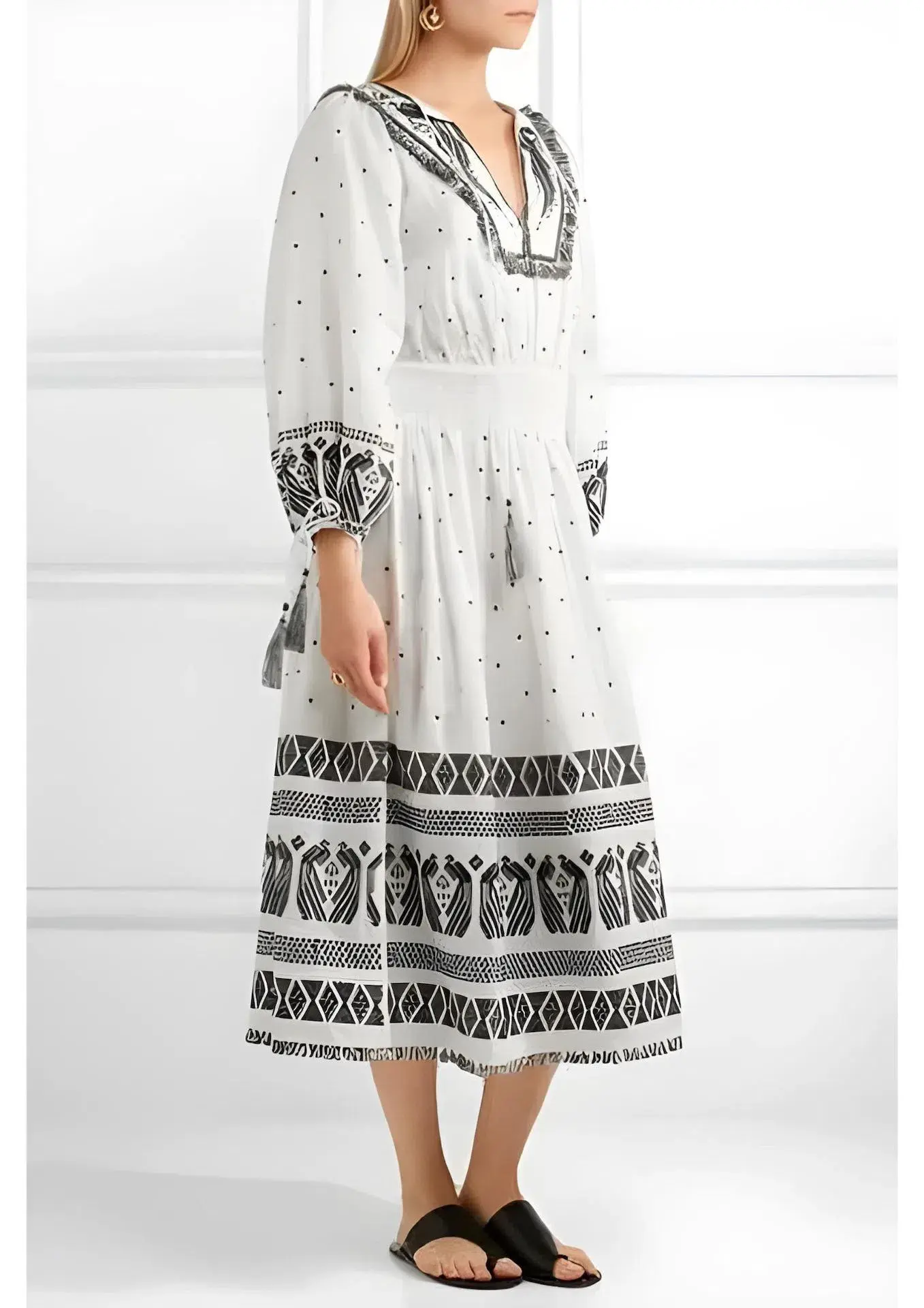 Zimmermann Divinity Midi Embroidered Linen Dress White/Black Size 0 / 8 AU - Image 1