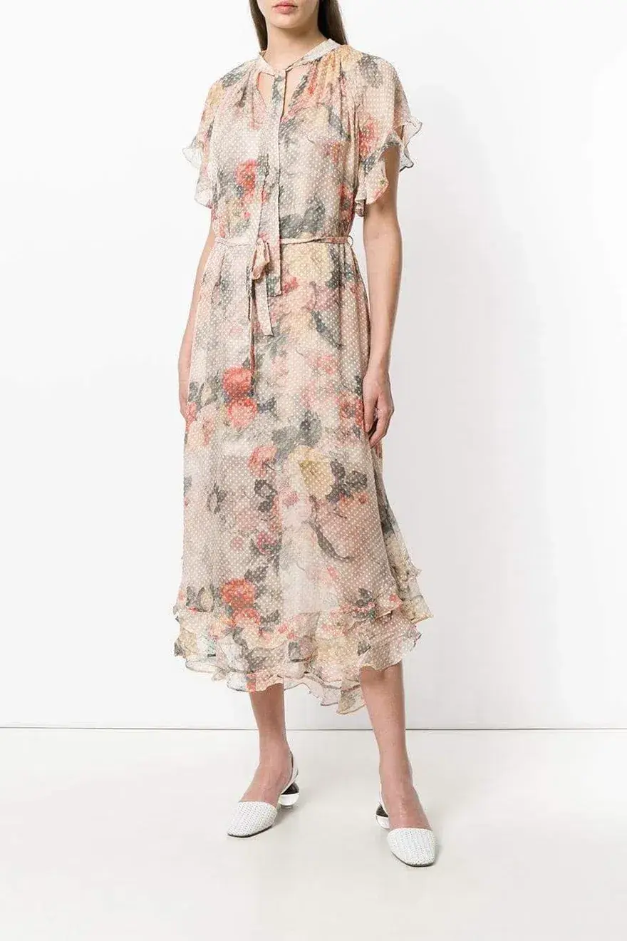 Zimmermann Radiate Cascade Frill Swing Silk Ruffle Midi Dress Floral Size 1 / 10 AU  - Image 2