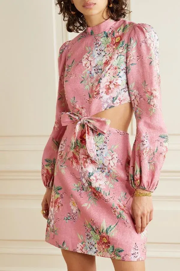 Zimmermann Bellitude Cutout Bow Front Floral Linen Mini Dress Pink Size 0 / 8 AU  - Image 2