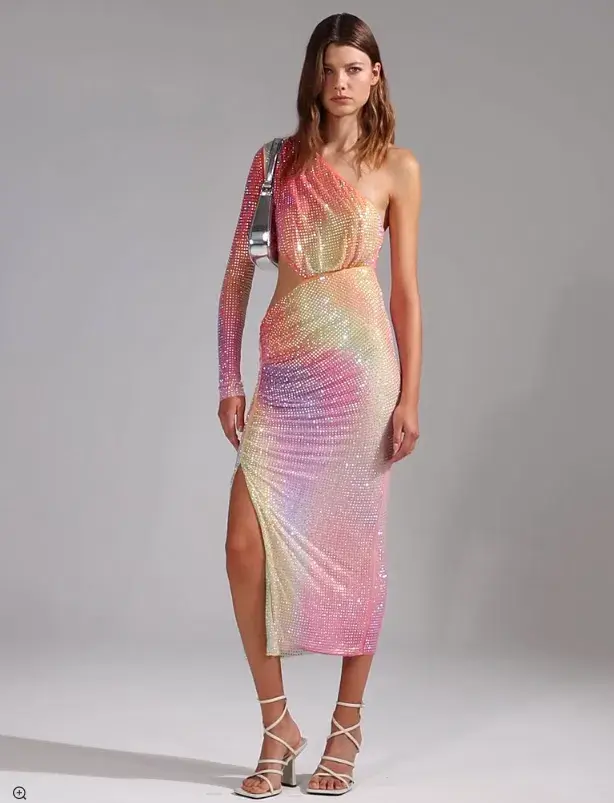 Self Portrait Printed Mesh Rhinestone Cutout Midi Dress Multi Size 8 - Image 1