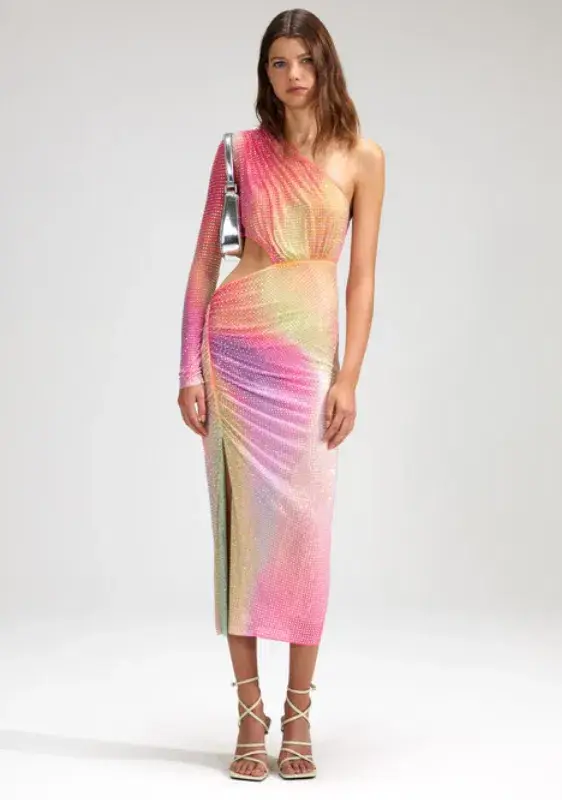 Self Portrait Printed Mesh Rhinestone Cutout Midi Dress Multi Size 8 - Image 2