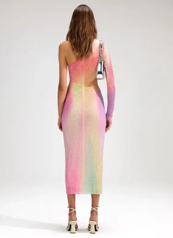 Self Portrait Printed Mesh Rhinestone Cutout Midi Dress Multi Size 8 - Image 3
