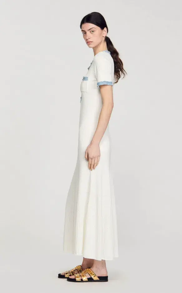 Sandro Knit and Denim Midi Dress White Size 8 - Image 2