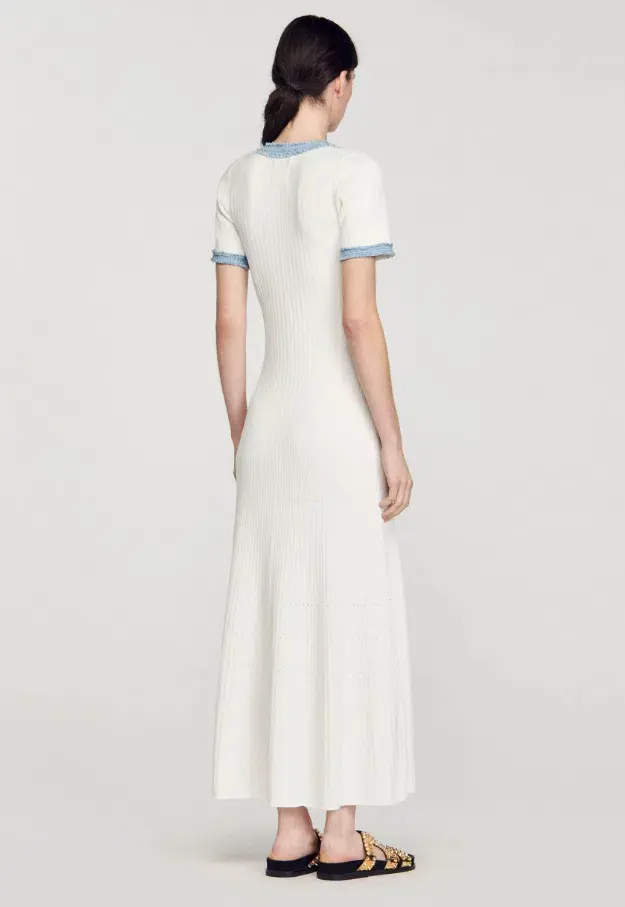 Sandro Knit and Denim Midi Dress White Size 8 - Image 4