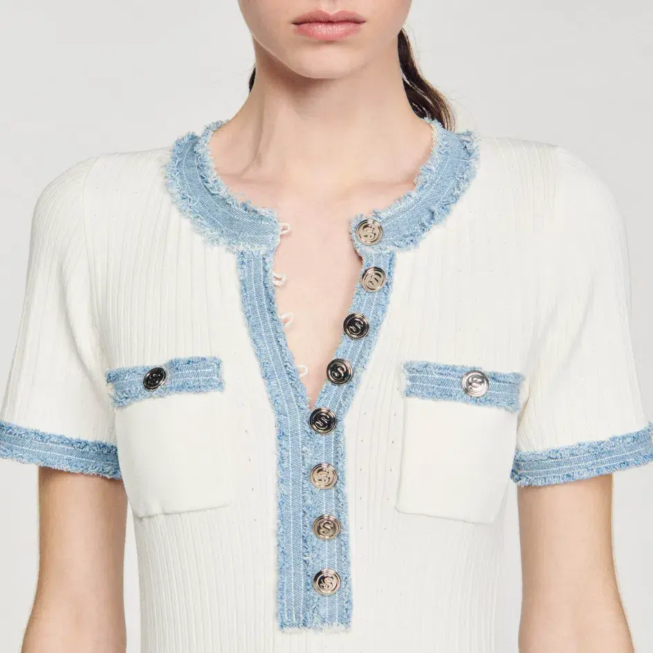 Sandro Knit and Denim Midi Dress White Size 8 - Image 3