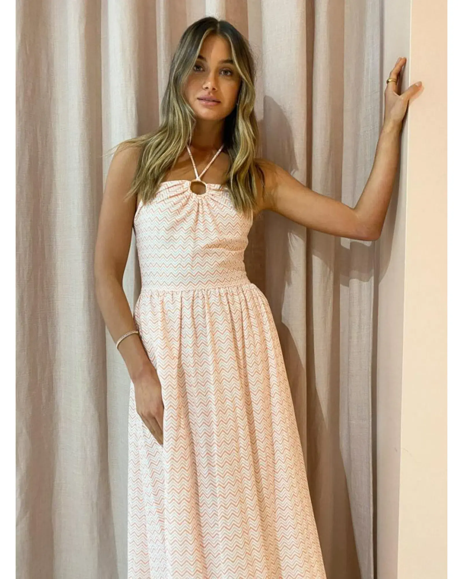 By Nicola Canary Maxi Dress Melon Chevron Size AU 14 - Image 2