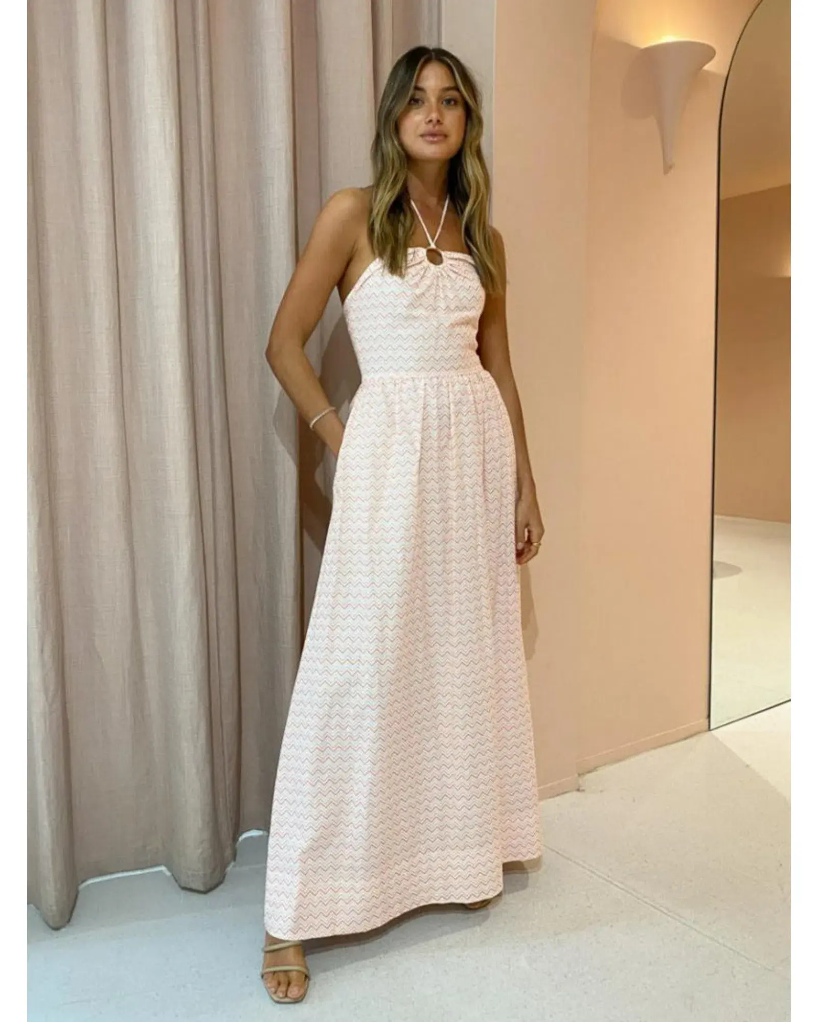 By Nicola Canary Maxi Dress Melon Chevron Size AU 14 - Image 1