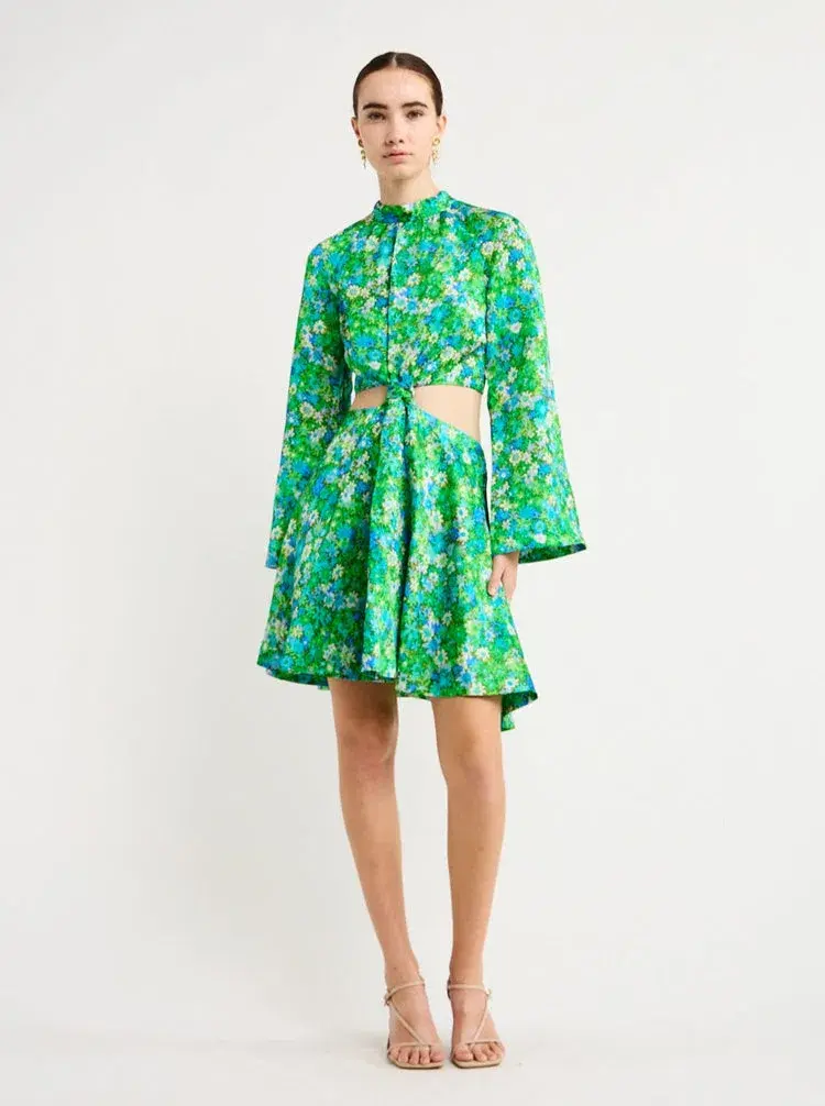 Alemais Cassandra Cut Out Mini Dress Green Floral Size 14 - Image 1