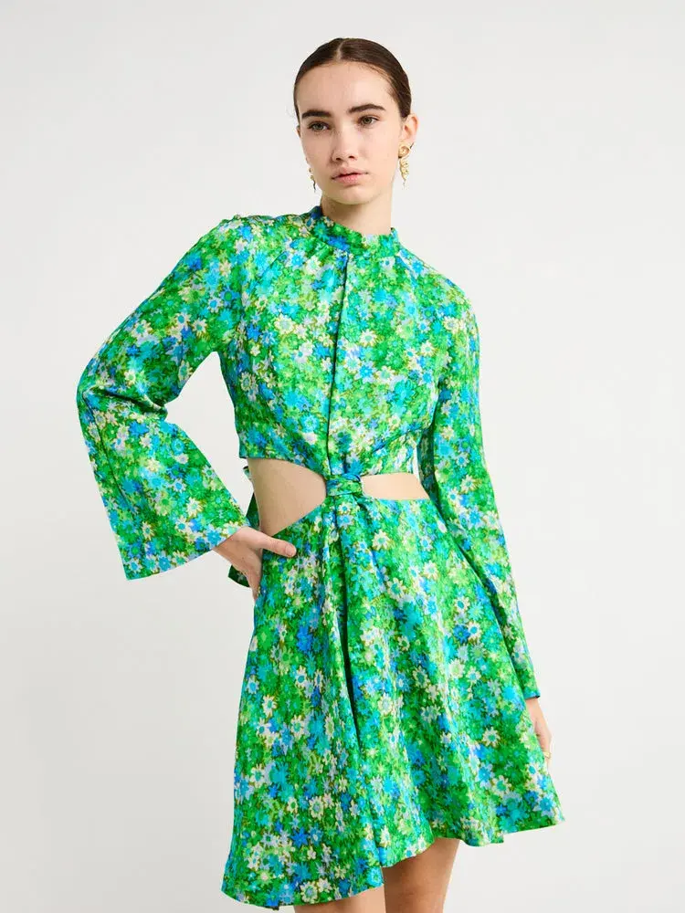 Alemais Cassandra Cut Out Mini Dress Green Floral Size 14 - Image 2